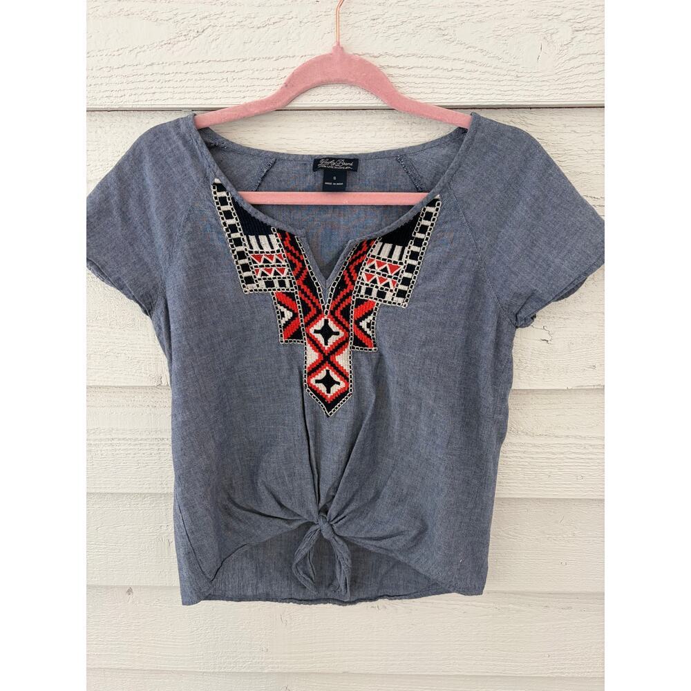 Lucky Brand Embroidered Tie Front Boho Top Gray Size Small - Picture 3 of 7